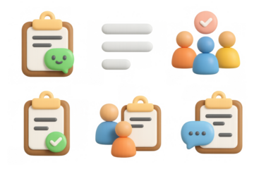 Cute cartoon icon set featuring clipboards and people for messaging and notes