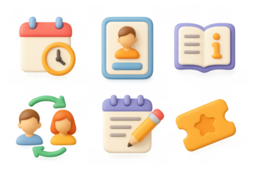 Colorful cartoon icons set featuring calendar, id badge, book, communication, notes, and ticket for creative design