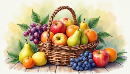Wicker basket holds various fresh ripe fruits. Red apples, green pears, yellow pears, oranges, purple, blue grapes fill container. Beautiful watercolor illustration shows healthy organic food produce
