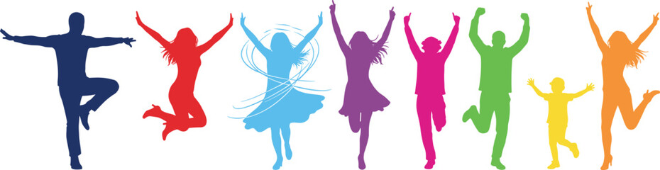 Diverse Group of People Silhouettes Jumping in Colorful Poses Representing Joy, Freedom, Teamwork, Celebration, Happiness, and Active Lifestyle Vector Graphic.