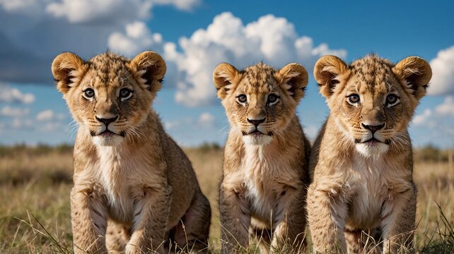 Three playful lion cubs sit in a grassy field, under a bright blue sky with fluffy clouds. - Powered by Adobe