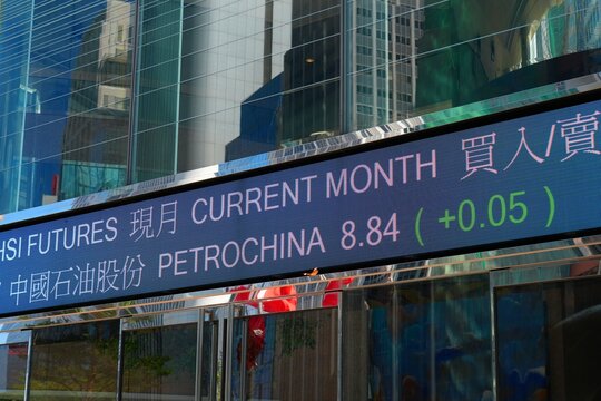 HONG KONG, CHINA - NOVEMBER 17, 2025: Hong Kong Stock Exchange HKEX stock prices ticker scrolling display showing Petrochina stock.