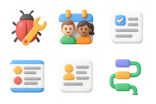 Simple colorful icon set featuring people, calendar, bug, wrench, and workflow design for digital use - Powered by Adobe