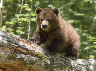 Fototapeta premium Cute Brown Bear Cub Playing on a Log in a Forest Setting