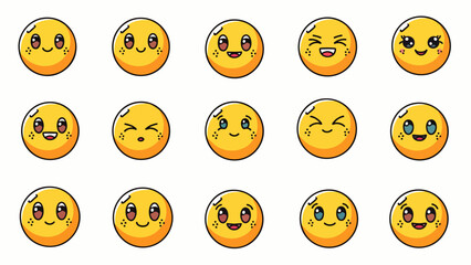 Collection of cute yellow smiley faces expressing a variety of happy and joyful emotions with big eyes.