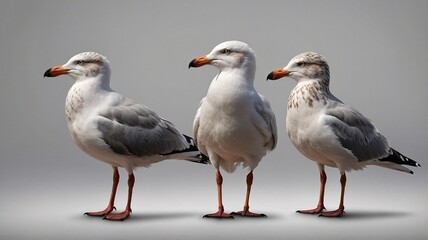 Obraz premium Three seagulls standing in a row, showcasing their distinct features and colors.