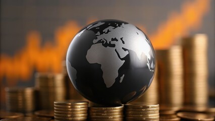A black globe rests on stacks of coins, symbolizing global finance and economic growth with an upward trend in the background.