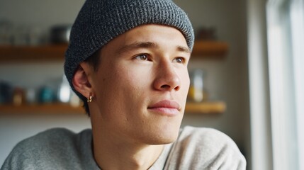 Man in grey hat looking introspective.