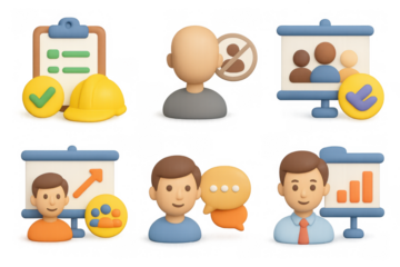 Comprehensive training icons set featuring safety, communication, and presentation concepts