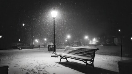 A solitary park bench covered in snow under a glowing street lamp during a quiet, dark winter night with falling snowflakes
