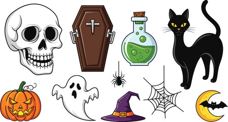 Halloween party icons including skull, coffin, potion bottle, and black cat, spooky vector illustration on white background