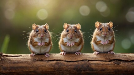 Three adorable brown and white mice perched on a log, exuding a charming and playful atmosphere.