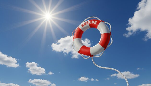 Lifebuoy Floating in Bright Sunny Sky with Clouds Symbol of Hope and Safety - Powered by Adobe