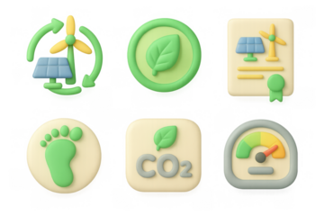 Green energy icon set featuring renewable energy, carbon footprint, and environmental symbols for eco-friendly designs