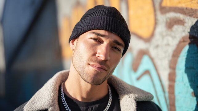 Man posing against graffiti-covered wall