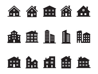 A set of Solid Black House, Apartment & Urban Building Icons – Silhouette Vector