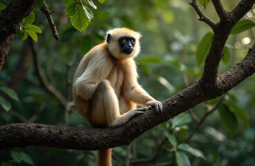 Fototapeta premium Light brown monkey sits on tree branch in lush green forest. Primate with dark face looks alertly to side. Wild animal in natural habitat, surrounded by foliage. Creature poised among leaves.