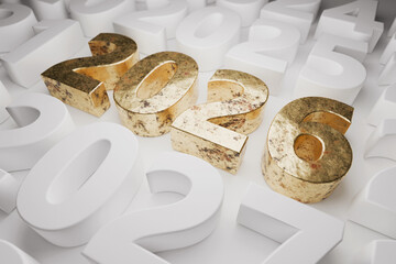Gold numbers for the year 2026 scattered amongst clean white numbers years. Themes of future luxury, premium planning, and success. New Year 2026, creative idea