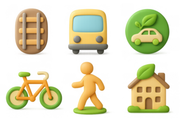 Eco-friendly commute icons featuring bicycle, bus, and walking elements for environmental awareness designs