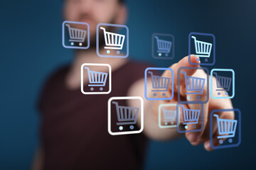 Person interacting with shopping cart icons representing online retail and e-commerce. Ideal for illustrating digital marketing, consumerism, an