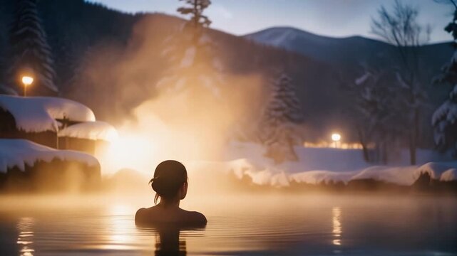雪景色の中の露天風呂でリラックスする女性の後ろ姿