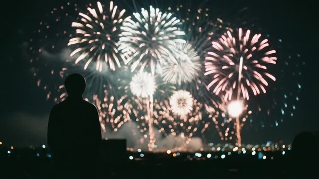 夏の夜空を見上げる人物のシルエットと打ち上げ花火
