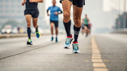Energetic Marathon Runner in Motion on Urban Road with Focused Athletic Feet and Sneakers