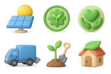 Eco-friendly icons collection featuring solar panel, green leaf, heart in hands, electric truck, and sustainable home design