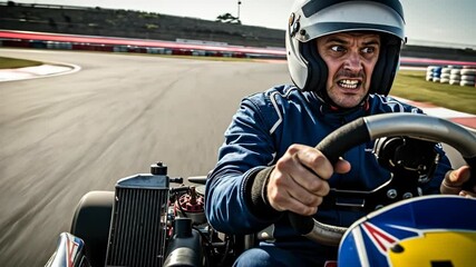 Go-kart driver with an intense facial expression racing on a track. Fast-paced POV shot of a motorsport competition. Extreme speed and adrenaline