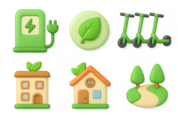 Eco-friendly travel icons set featuring green transportation and sustainable living elements