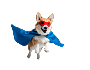  Flying Corgi Superhero in Mid-Air with Blue Cape, Dynamic Side Angle, isolated on transparent background