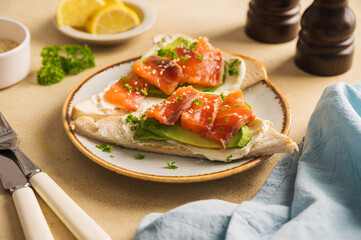 Salmon toast with avocado and cream cheese, breakfast, healthy food