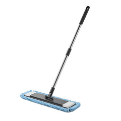 Modern microfiber flat mop with adjustable stainless steel handle and fluffy blue chenille pad for effective floor cleaning and dusting tasks