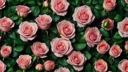A vibrant arrangement of soft pink roses surrounded by lush green leaves, creating a romantic and serene atmosphere.