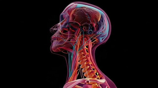 Intricate digital illustration of human head and neck anatomy, highlighting the complex network of arteries, veins, and nerves in a scientific medical context
