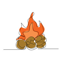 Continuous single line sketch drawing of bonfire campfire camping activity. One line warm body in campsite light, cooking food and water outdoor hiking travel trip vector illustration editable stroke