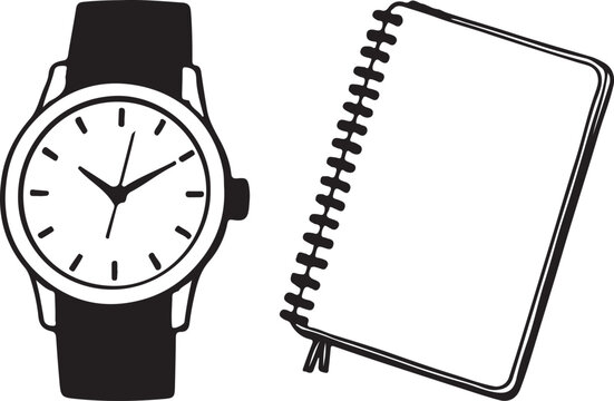 wristwatch and a spiral bound notebook