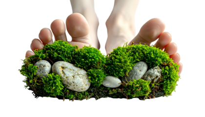 Bare feet standing on a bed of vibrant green moss and smooth river stones