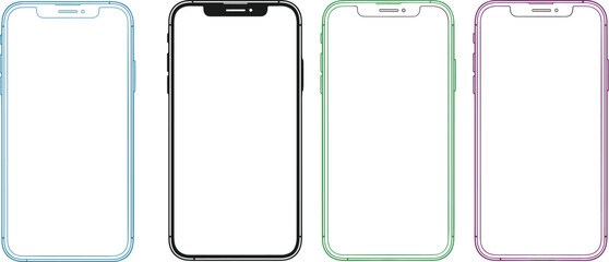 Smartphone outline set, minimal design, colorful borders, mobile device icons, tech illustration, modern phone shapes, flat vector illustration