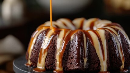 Moist and delicious chocolate bundt cake topped with a rich caramel drizzle