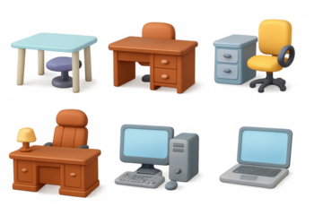 Office icon set featuring furniture and technology for workplace design