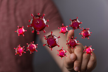 Abstract image visualizing a conceptual digital representation of a viral disease spreading with hand touching