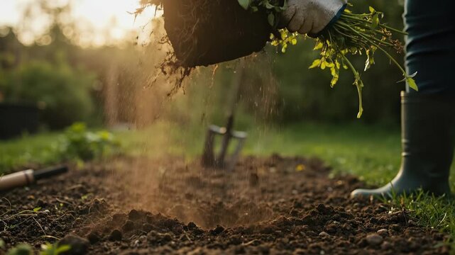 Gardener's hands in gloves pulling weeds from the soil in slow motion. A person preparing a garden bed for planting. Manual labor and horticulture concept