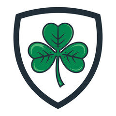 Green shamrock inside a shield emblem icon, symbol of luck and ireland.