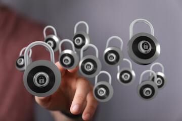 Concept image showcasing data security and protection with floating padlocks to symbolize online safety and cyb