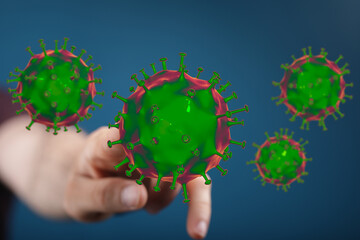 Digitally rendered image of coronavirus cells. Concept of awareness and understanding of the virus. Finger tou