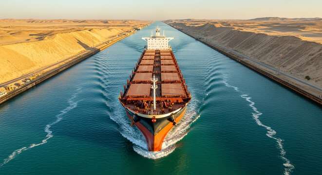 A large cargo ship sails through the suez canal, a vital manmade waterway connecting the mediterranean sea to the red sea