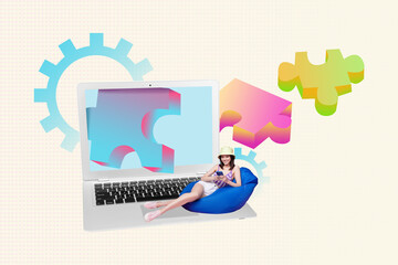 Zine 3d image artwork banner collage of happy girl freelancer surf laptop puzzle development match gearwheel progress target