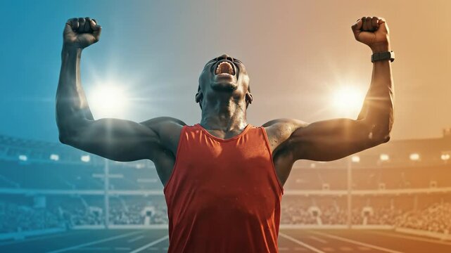 A muscular Black runner celebrates winning a race at the finish line. Triumphant athlete shouting in slow motion in a stadium. Success and determination concept