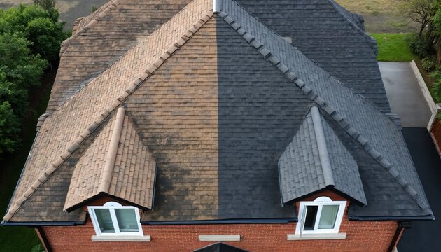 View from above of house roof. One side is dirty brown, other side is clean dark gray. Compare clean roof vs dirty roof after cleaning service.
